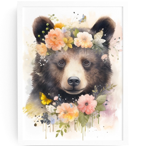 Watercolor Floral Black Bear Portrait Wall Art Illustration Print Unframed - Picture 1 of 5